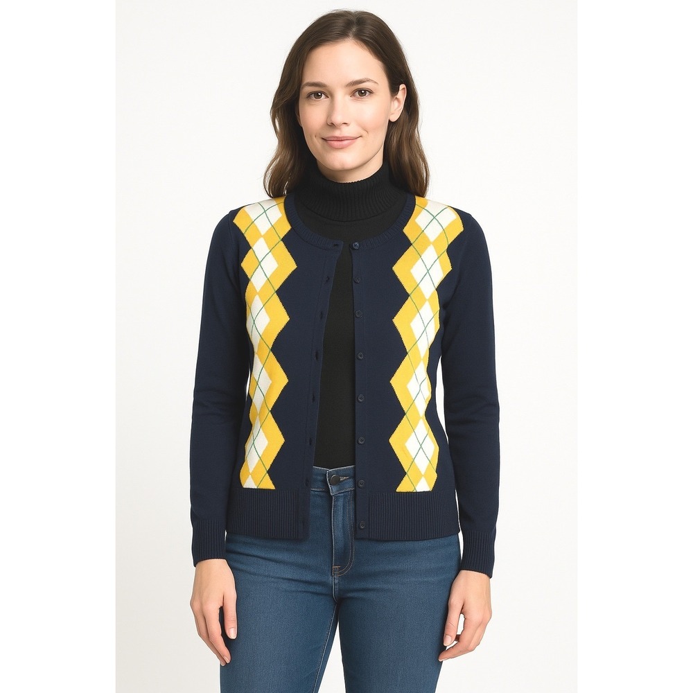 GAP‎ Argyle Cardigan Sweater M Blue Yellow Green Cotton Academia Preppy 90-46